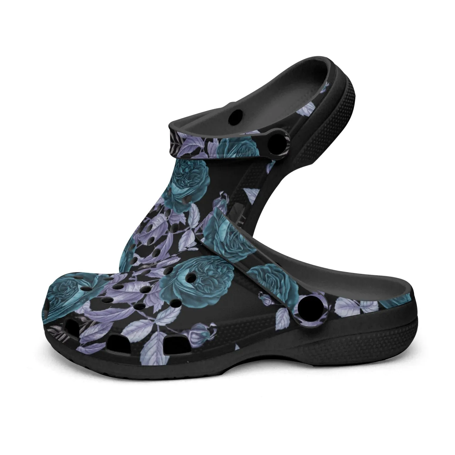 Teal Floral Blue Leaf Black-base Clogs