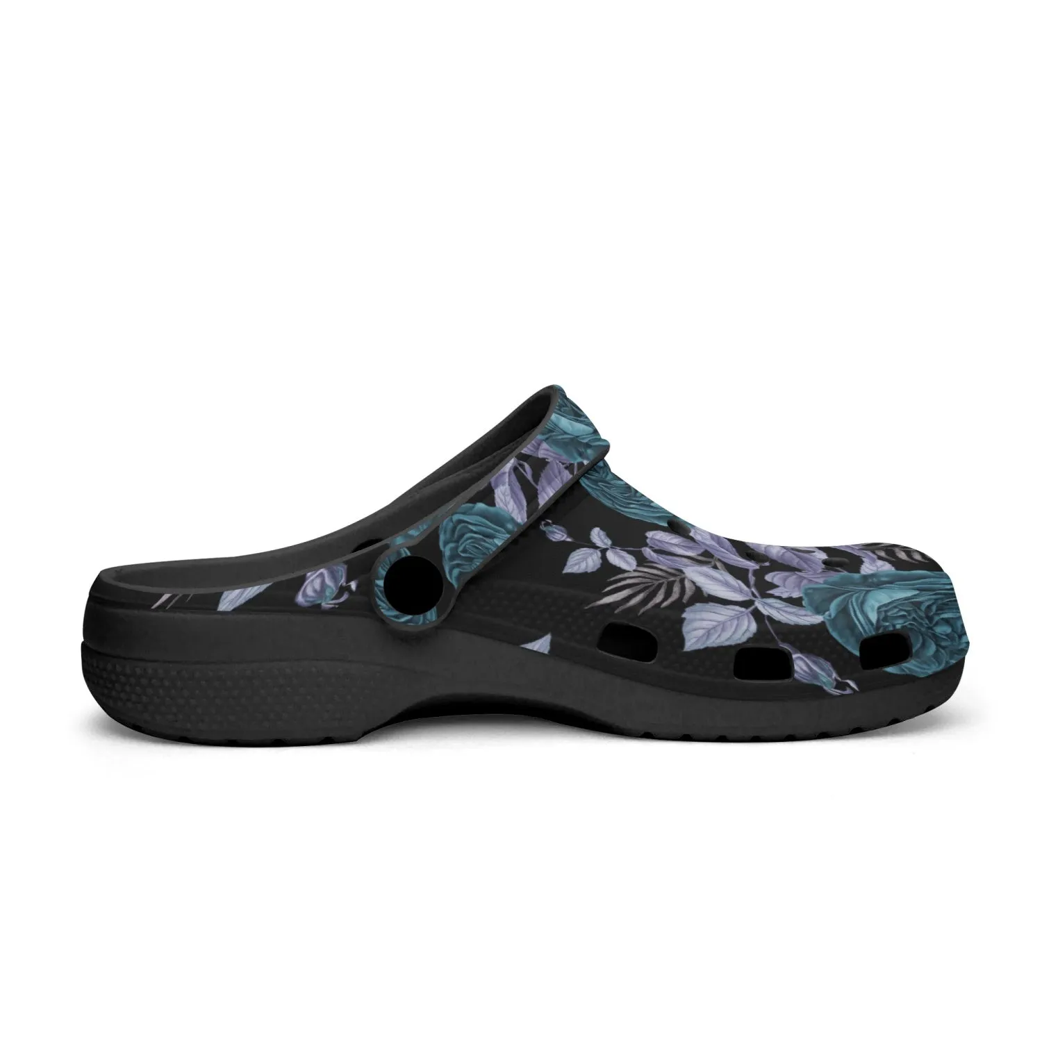 Teal Floral Blue Leaf Black-base Clogs