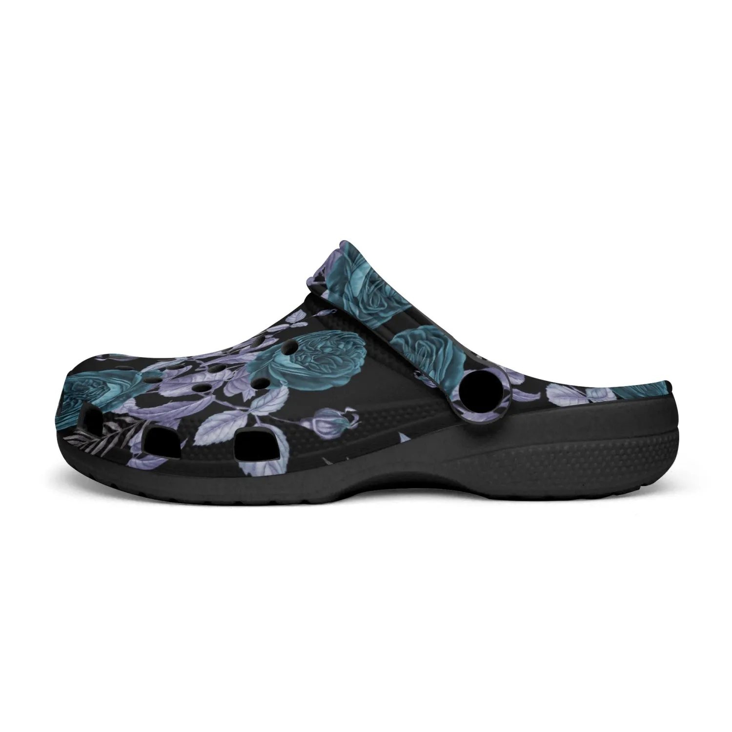 Teal Floral Blue Leaf Black-base Clogs