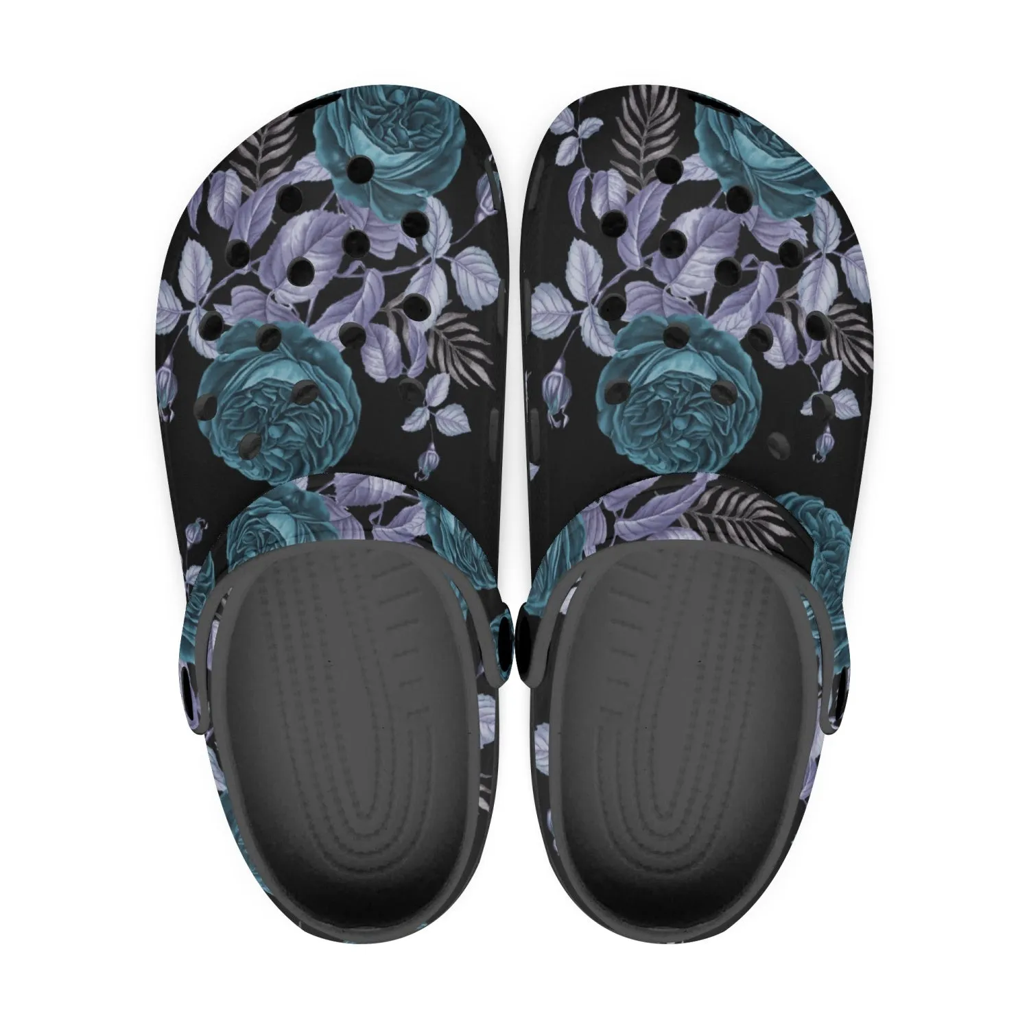 Teal Floral Blue Leaf Black-base Clogs