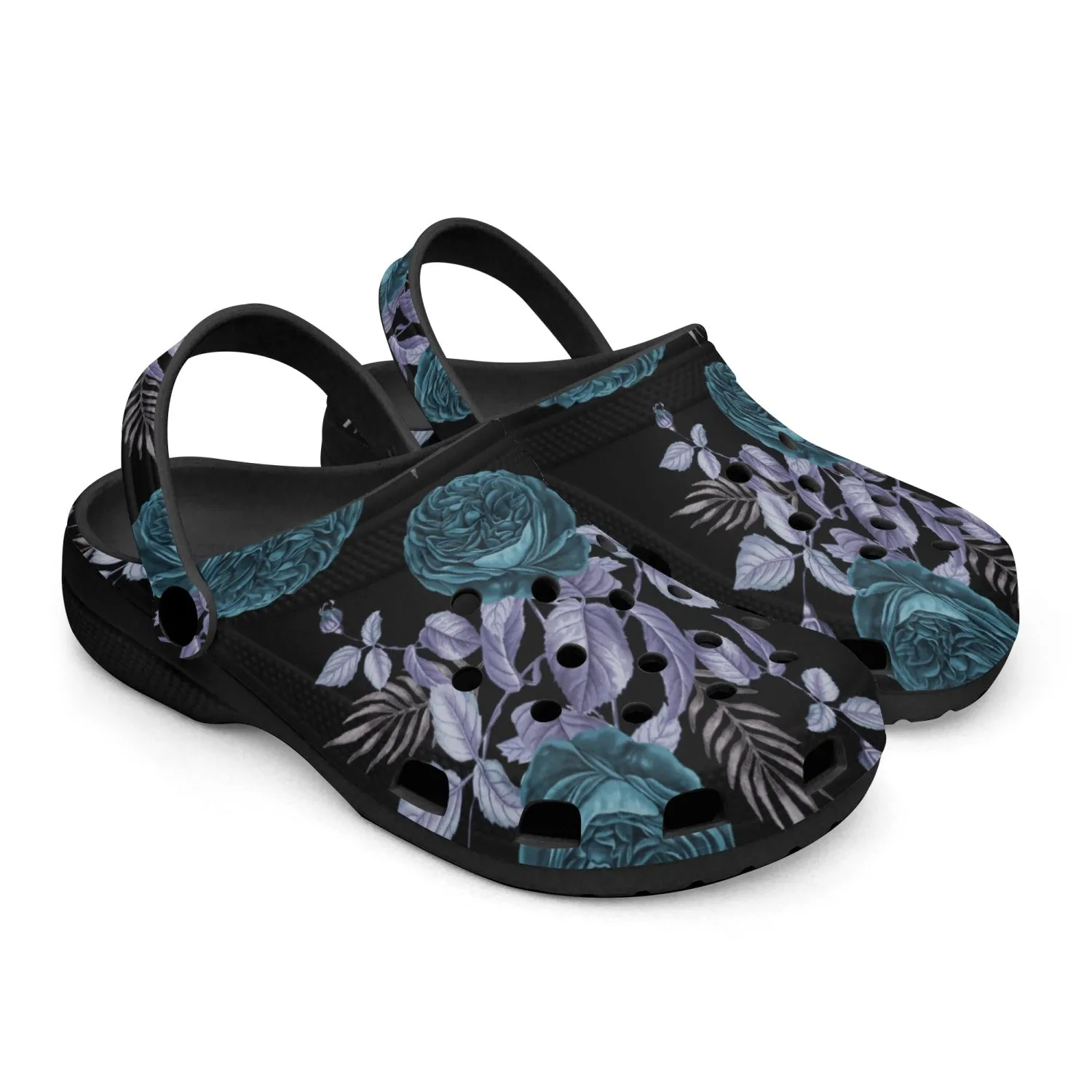 Teal Floral Blue Leaf Black-base Clogs