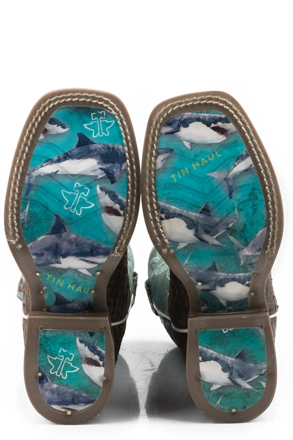 Tin Haul Boys Kids Brown/Blue Leather Cross Cut Shark Cowboy Boots