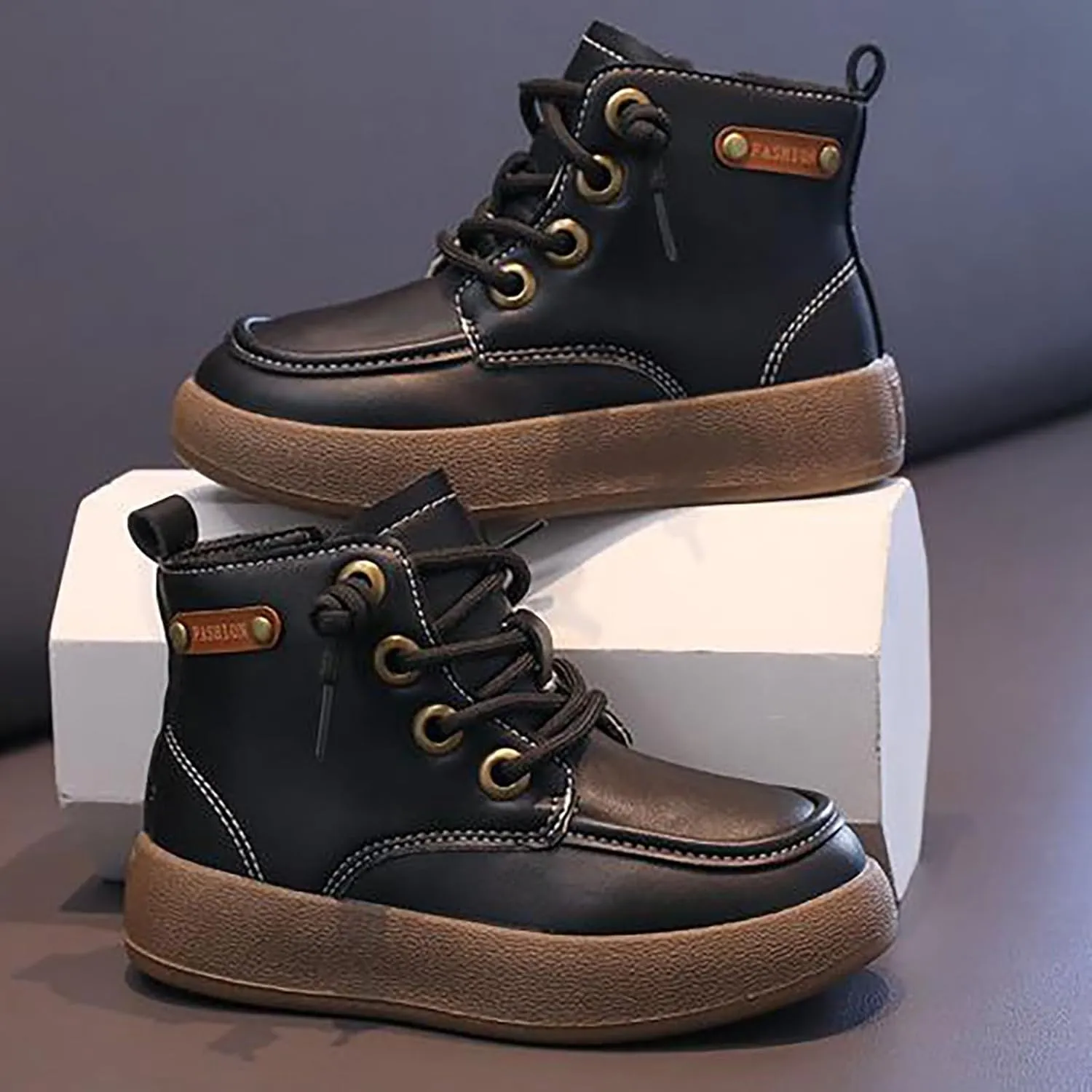 Toddler Kids Leather Lace Up Thick Flat Bottom Ankle Boots Sneakers Waterproof Non-Slip Soft Sole Platform Shoes