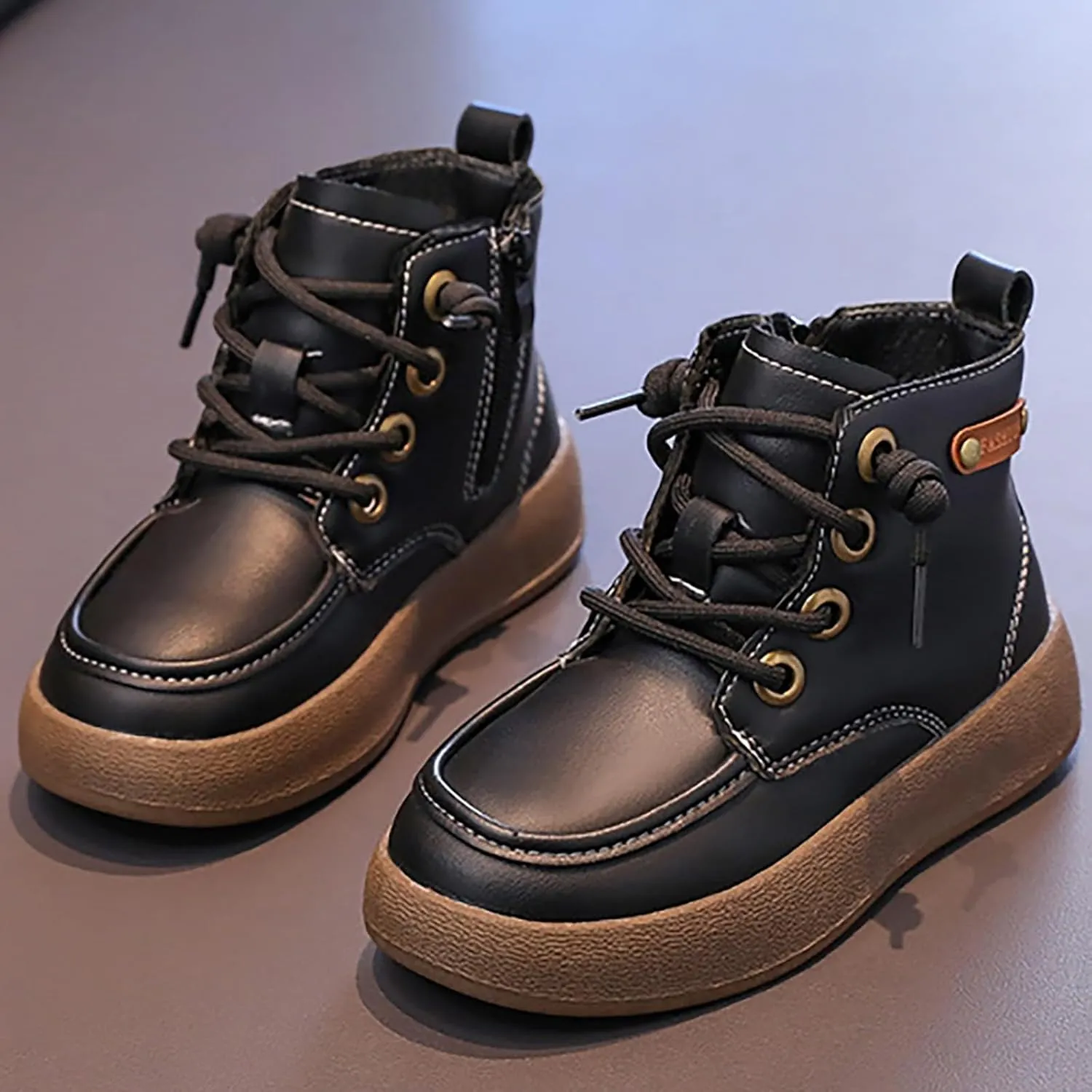 Toddler Kids Leather Lace Up Thick Flat Bottom Ankle Boots Sneakers Waterproof Non-Slip Soft Sole Platform Shoes