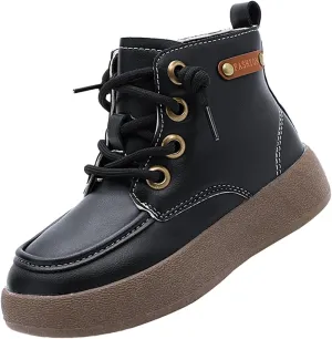 Toddler Kids Leather Lace Up Thick Flat Bottom Ankle Boots Sneakers Waterproof Non-Slip Soft Sole Platform Shoes