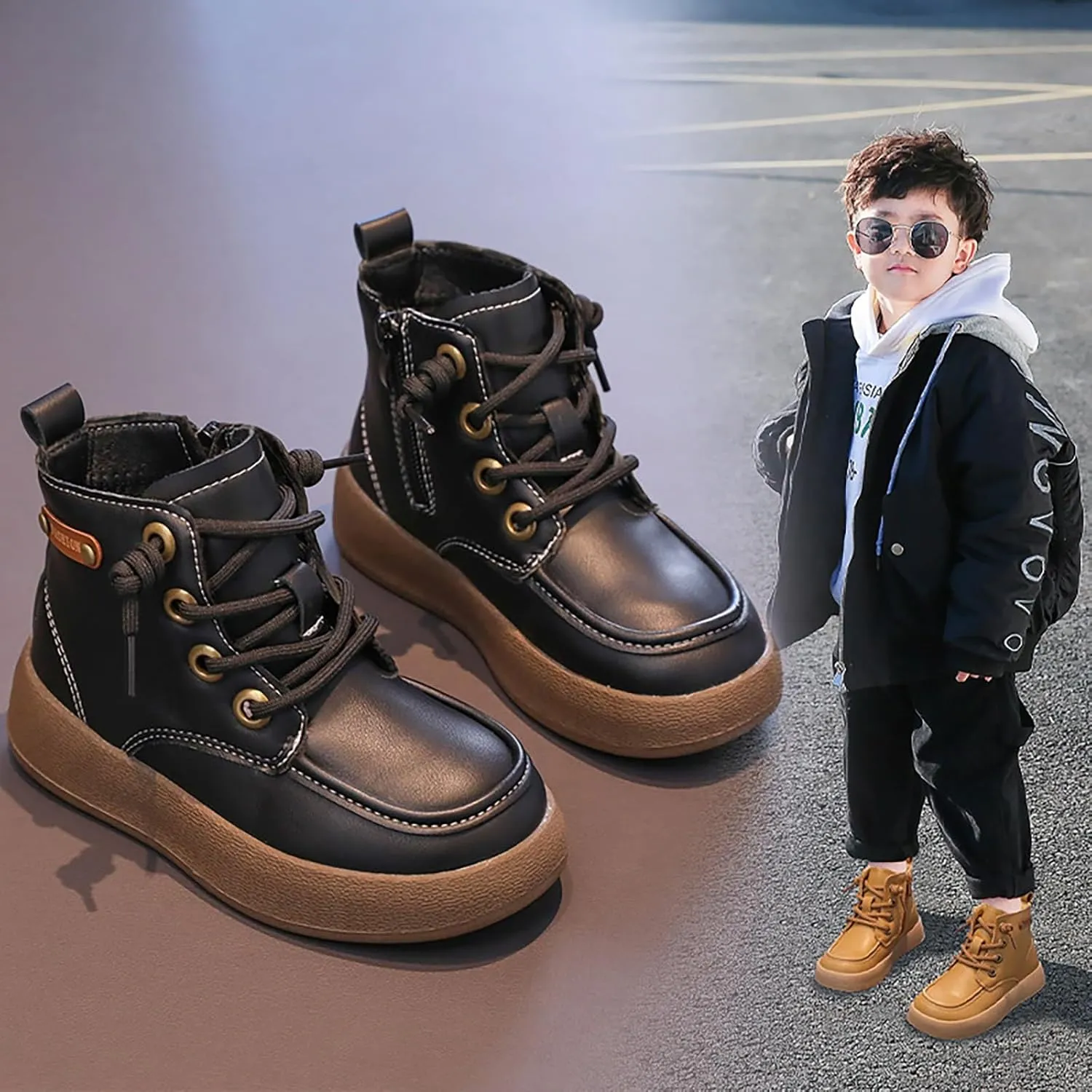 Toddler Kids Leather Lace Up Thick Flat Bottom Ankle Boots Sneakers Waterproof Non-Slip Soft Sole Platform Shoes