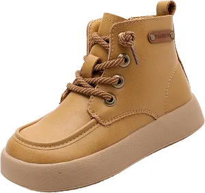 Toddler Kids Leather Lace Up Thick Flat Bottom Ankle Boots Sneakers Waterproof Non-Slip Soft Sole Platform Shoes