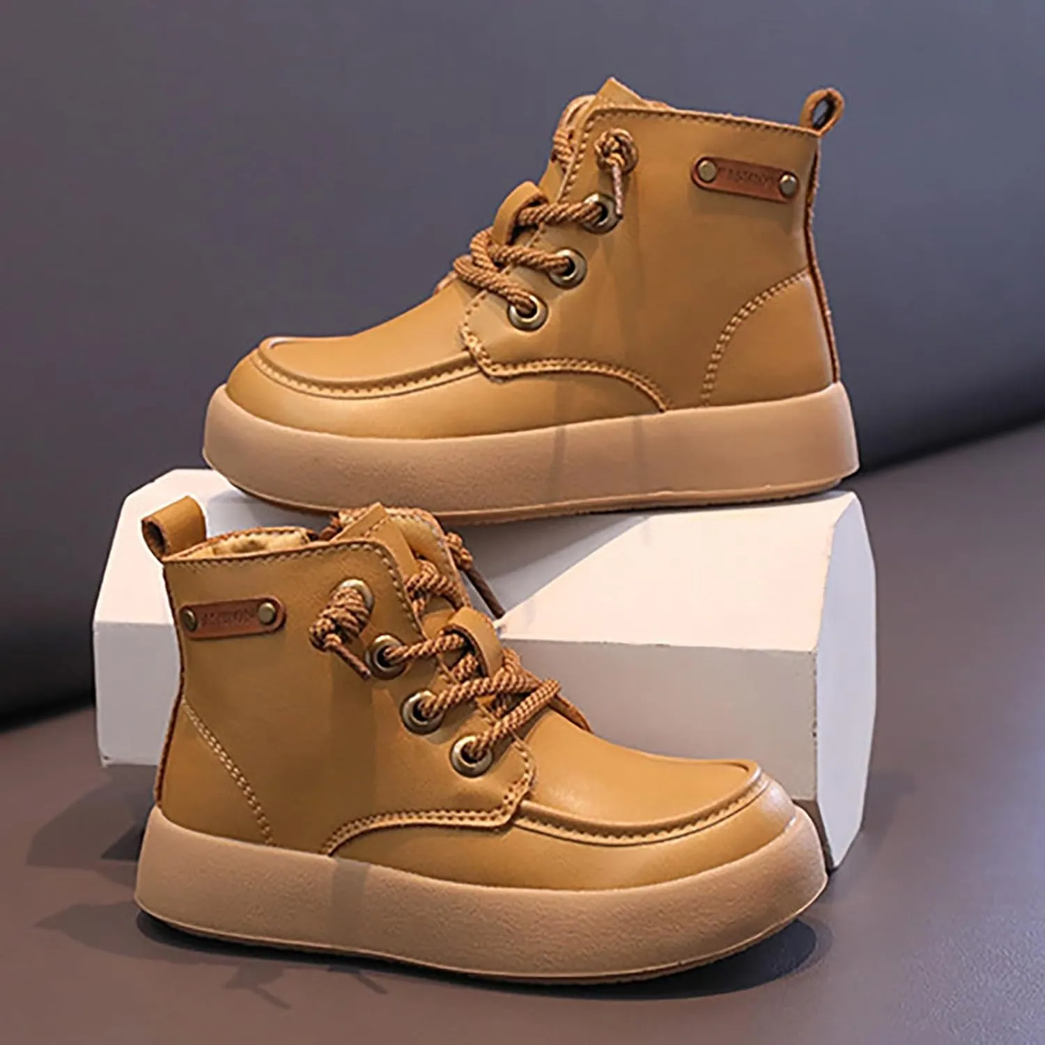 Toddler Kids Leather Lace Up Thick Flat Bottom Ankle Boots Sneakers Waterproof Non-Slip Soft Sole Platform Shoes