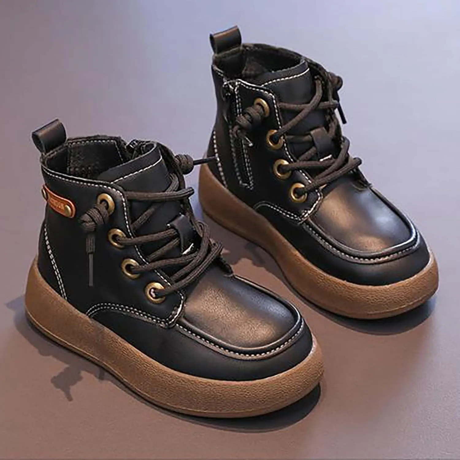 Toddler Kids Leather Lace Up Thick Flat Bottom Ankle Boots Sneakers Waterproof Non-Slip Soft Sole Platform Shoes