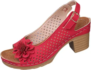 Womens Chunky High Block Heels, Peep Toe Ankle Strap Hollow Out Flowers Sandals Dressy Summer Casual Platform Wedge Sandal