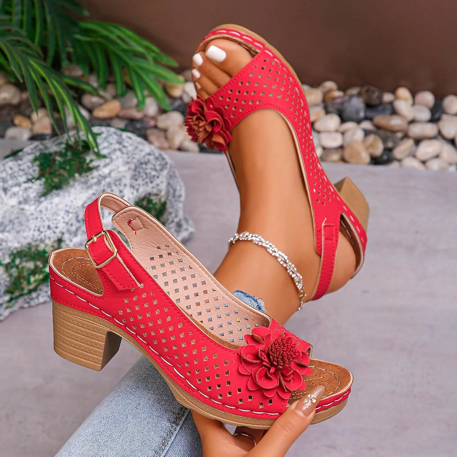 Womens Chunky High Block Heels, Peep Toe Ankle Strap Hollow Out Flowers Sandals Dressy Summer Casual Platform Wedge Sandal