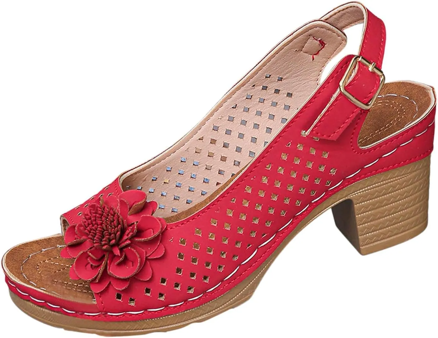 Womens Chunky High Block Heels, Peep Toe Ankle Strap Hollow Out Flowers Sandals Dressy Summer Casual Platform Wedge Sandal