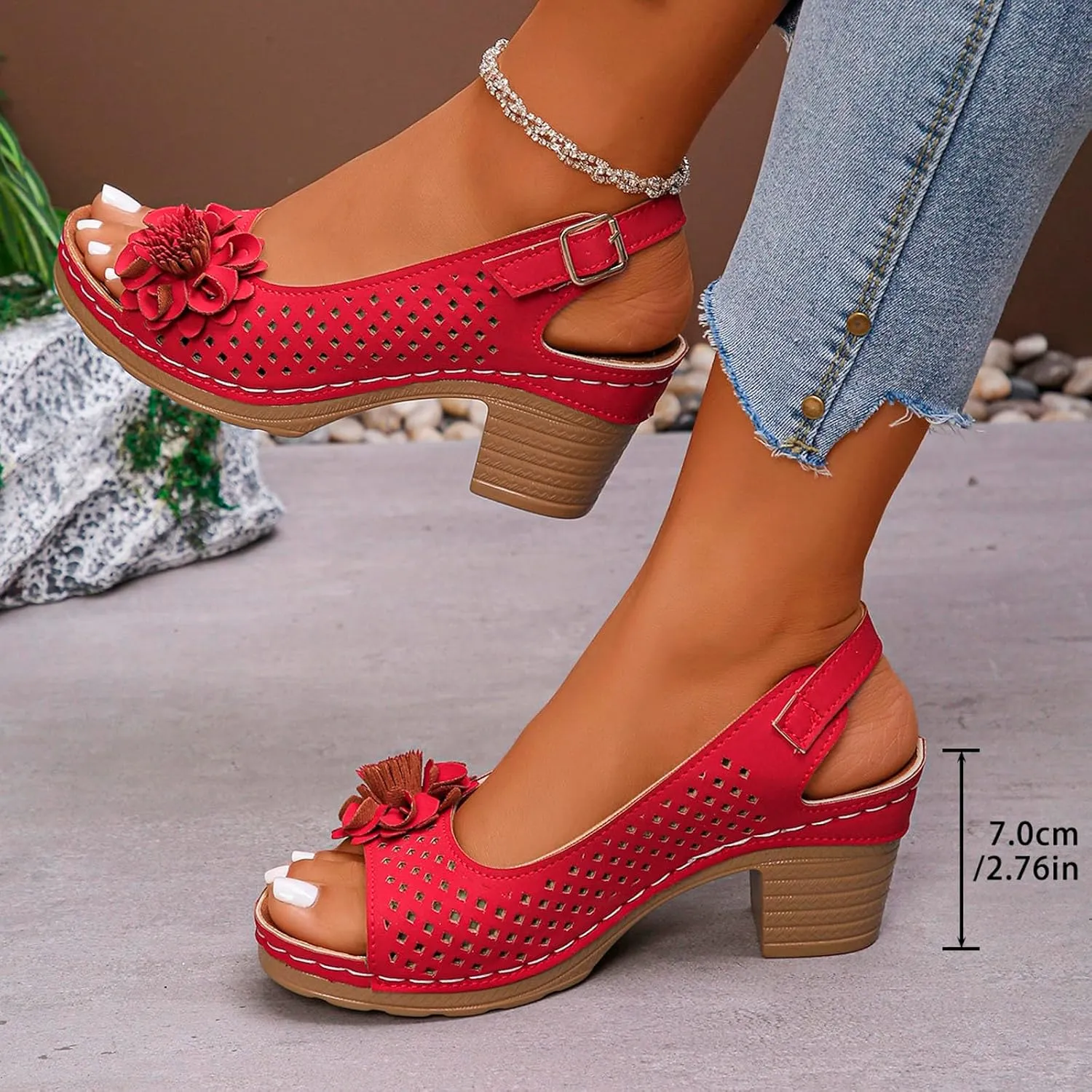 Womens Chunky High Block Heels, Peep Toe Ankle Strap Hollow Out Flowers Sandals Dressy Summer Casual Platform Wedge Sandal