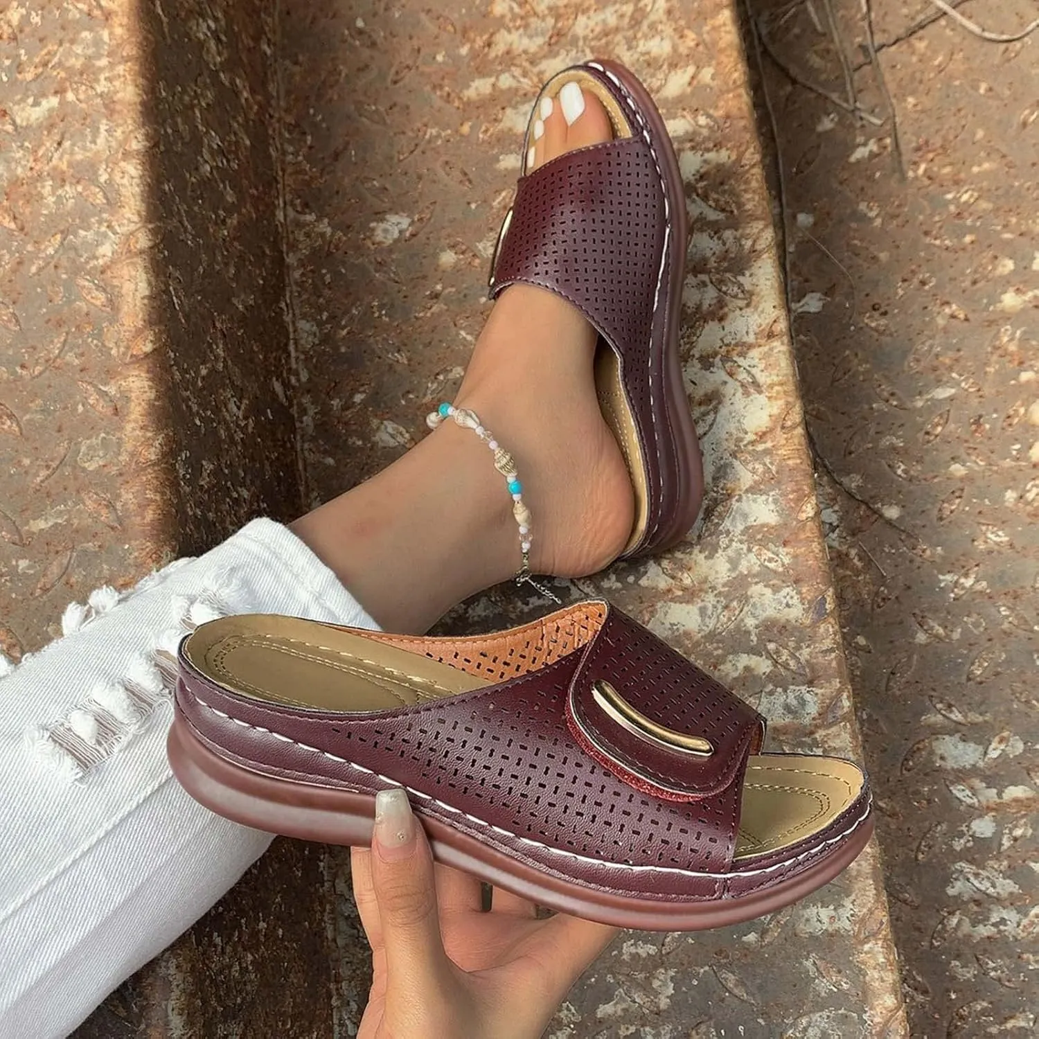 Womens Hollow Out Orthopedic Slippers Summer Casual Peep Toe Sandals Comfy Slip On Wedge Slippers Walking Shoes
