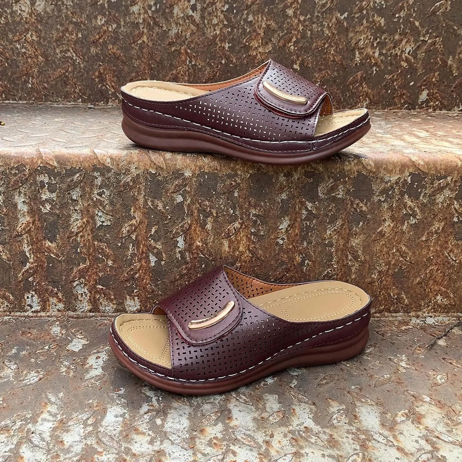 Womens Hollow Out Orthopedic Slippers Summer Casual Peep Toe Sandals Comfy Slip On Wedge Slippers Walking Shoes