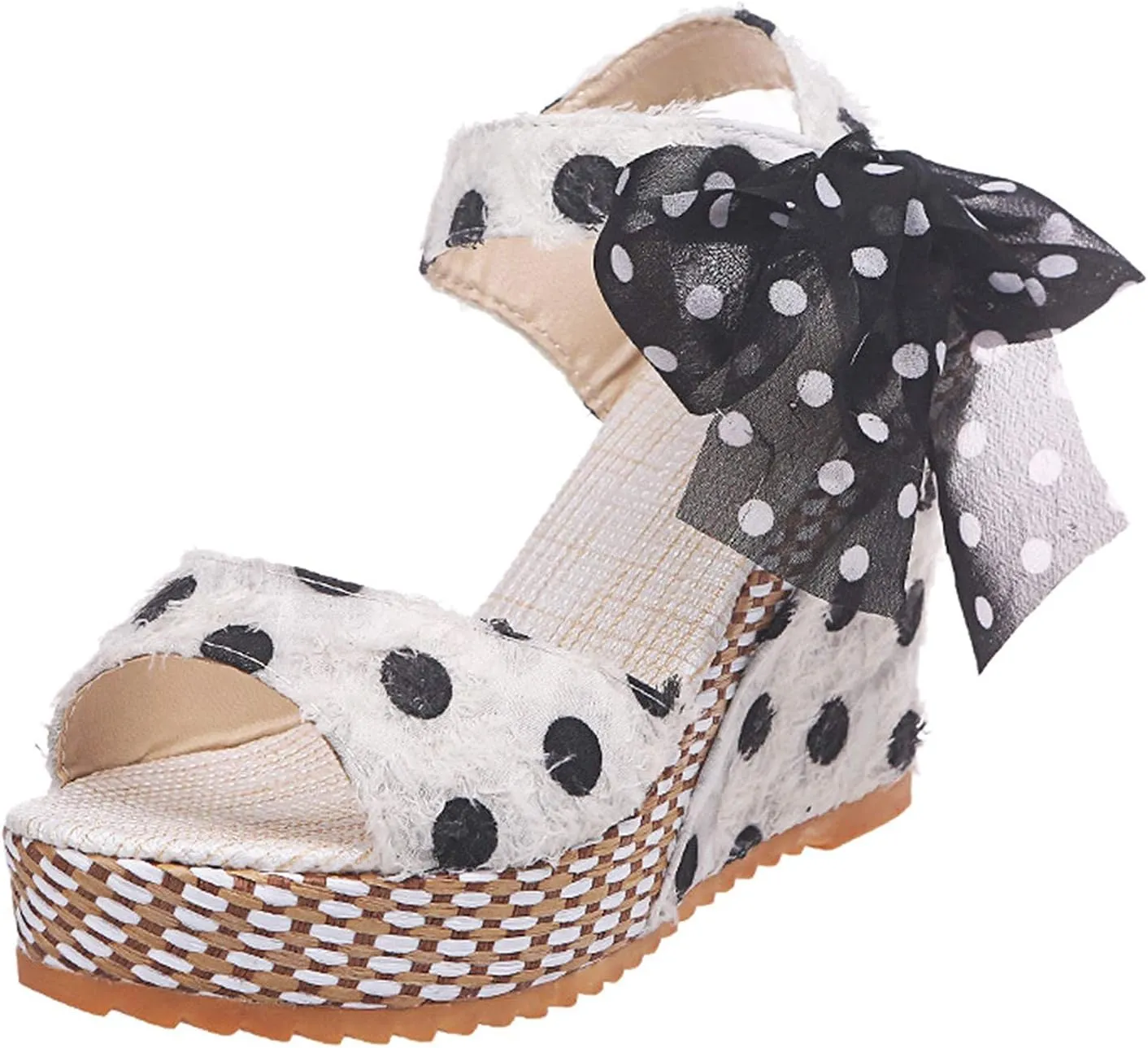 Womens Open Toe Sandals Comfortable Summer Wedge Shoes Non-Slip Platform Dots High Heel Espadrille Wedges Sandals Bow Ankle Strap Slingback Fishmouth Dress Wedding Party Sandal