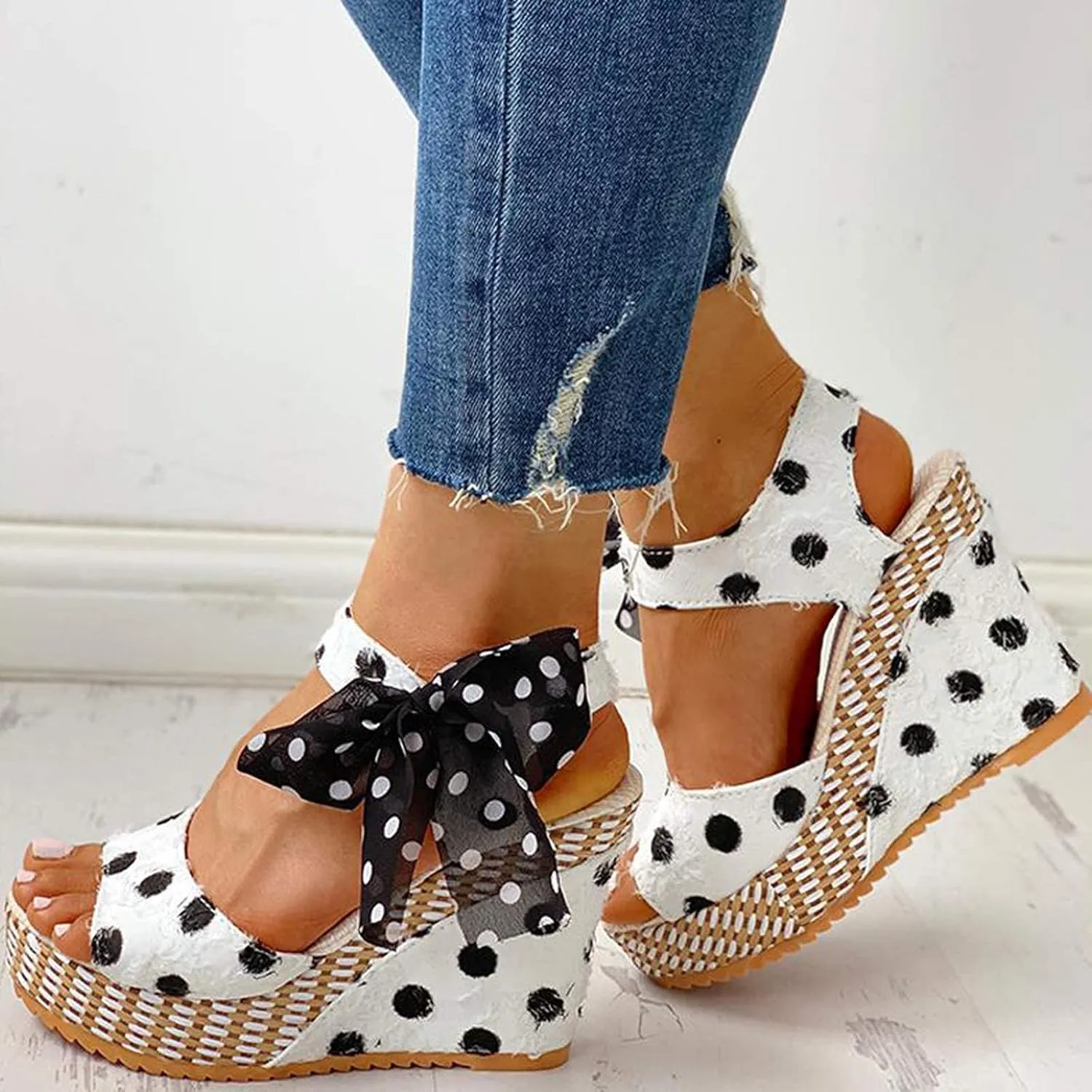 Womens Open Toe Sandals Comfortable Summer Wedge Shoes Non-Slip Platform Dots High Heel Espadrille Wedges Sandals Bow Ankle Strap Slingback Fishmouth Dress Wedding Party Sandal