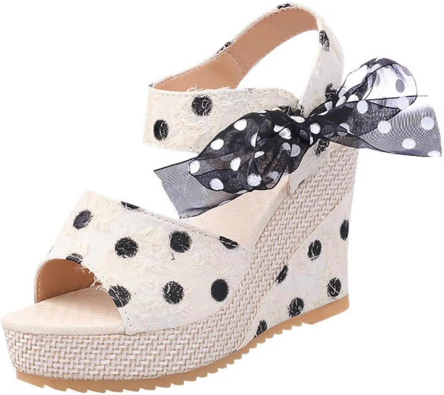 Womens Open Toe Sandals Comfortable Summer Wedge Shoes Non-Slip Platform Dots High Heel Espadrille Wedges Sandals Bow Ankle Strap Slingback Fishmouth Dress Wedding Party Sandal
