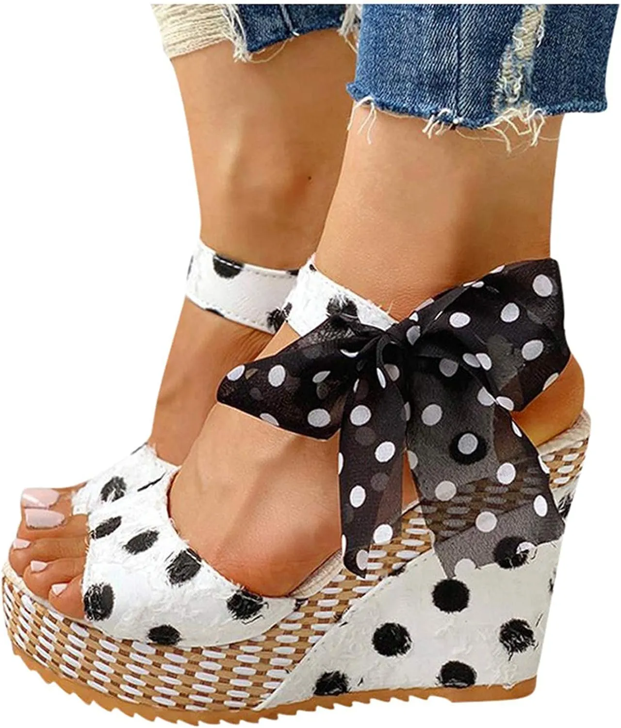 Womens Open Toe Sandals Comfortable Summer Wedge Shoes Non-Slip Platform Dots High Heel Espadrille Wedges Sandals Bow Ankle Strap Slingback Fishmouth Dress Wedding Party Sandal