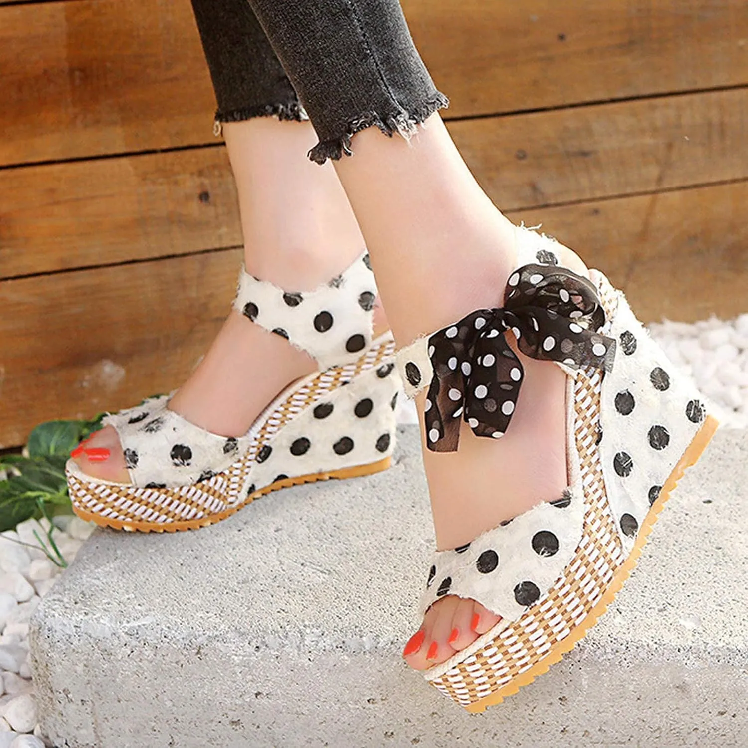 Womens Open Toe Sandals Comfortable Summer Wedge Shoes Non-Slip Platform Dots High Heel Espadrille Wedges Sandals Bow Ankle Strap Slingback Fishmouth Dress Wedding Party Sandal
