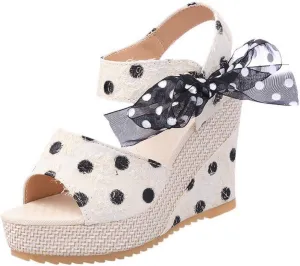 Womens Open Toe Sandals Comfortable Summer Wedge Shoes Non-Slip Platform Dots High Heel Espadrille Wedges Sandals Bow Ankle Strap Slingback Fishmouth Dress Wedding Party Sandal