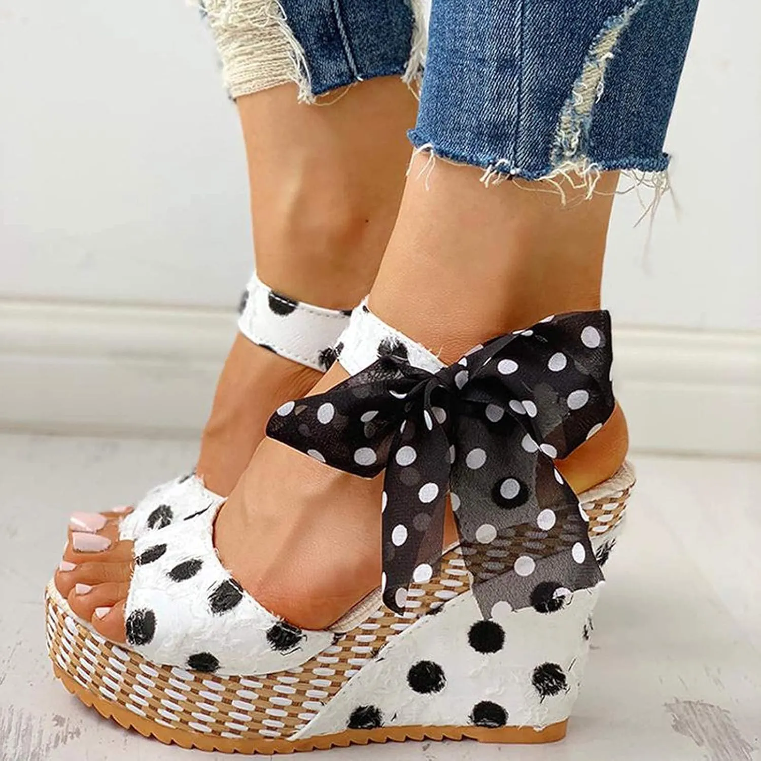 Womens Open Toe Sandals Comfortable Summer Wedge Shoes Non-Slip Platform Dots High Heel Espadrille Wedges Sandals Bow Ankle Strap Slingback Fishmouth Dress Wedding Party Sandal