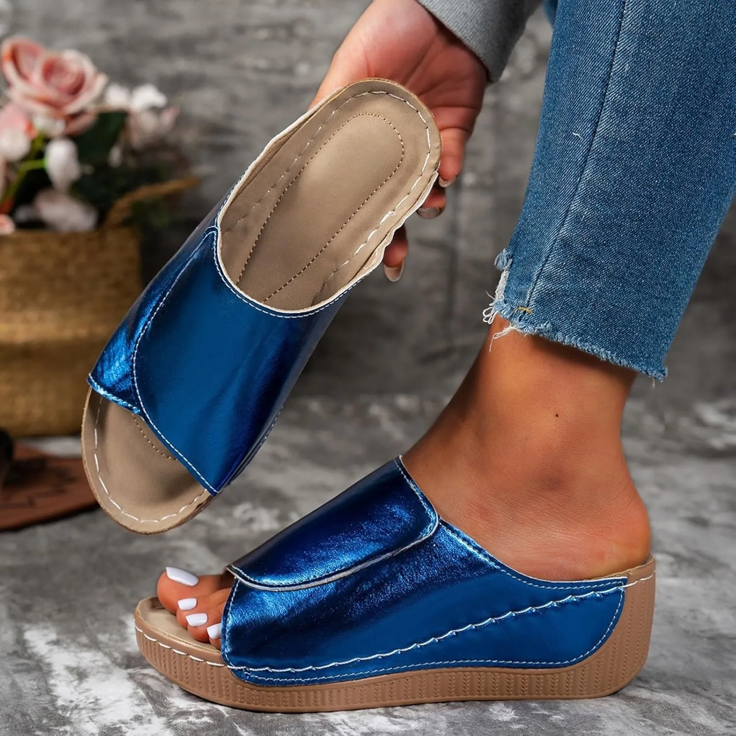 Women's Platform Wedge Sandals Slip On Peep Toe High Heel Sandal Comfortable Orthopedic Damping Sole Sandals Womens Dressy Summer Lightweight Flip Flops Casual Arch Support Walking Wedges Slippers