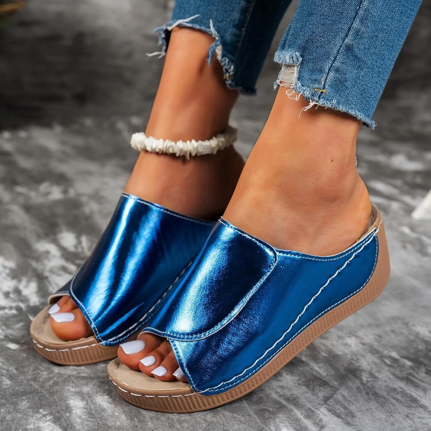 Women's Platform Wedge Sandals Slip On Peep Toe High Heel Sandal Comfortable Orthopedic Damping Sole Sandals Womens Dressy Summer Lightweight Flip Flops Casual Arch Support Walking Wedges Slippers