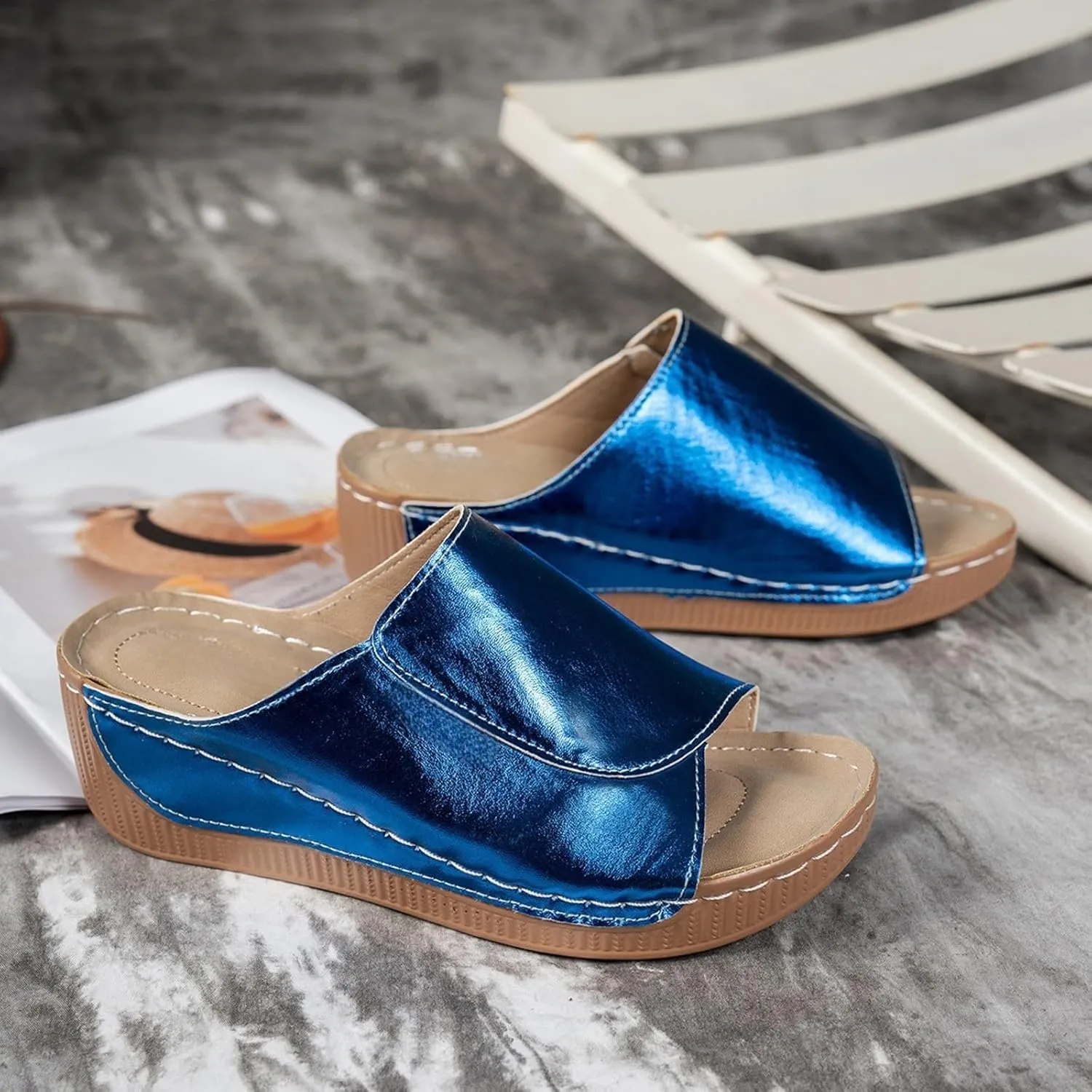 Women's Platform Wedge Sandals Slip On Peep Toe High Heel Sandal Comfortable Orthopedic Damping Sole Sandals Womens Dressy Summer Lightweight Flip Flops Casual Arch Support Walking Wedges Slippers
