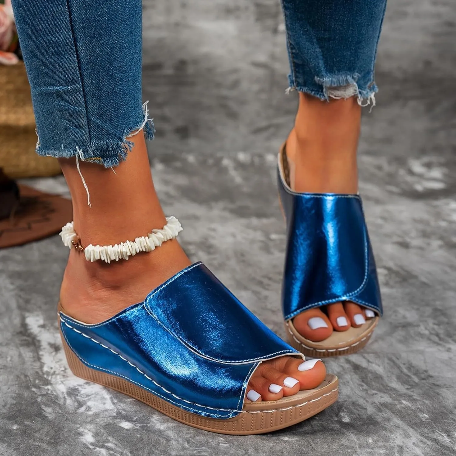 Women's Platform Wedge Sandals Slip On Peep Toe High Heel Sandal Comfortable Orthopedic Damping Sole Sandals Womens Dressy Summer Lightweight Flip Flops Casual Arch Support Walking Wedges Slippers