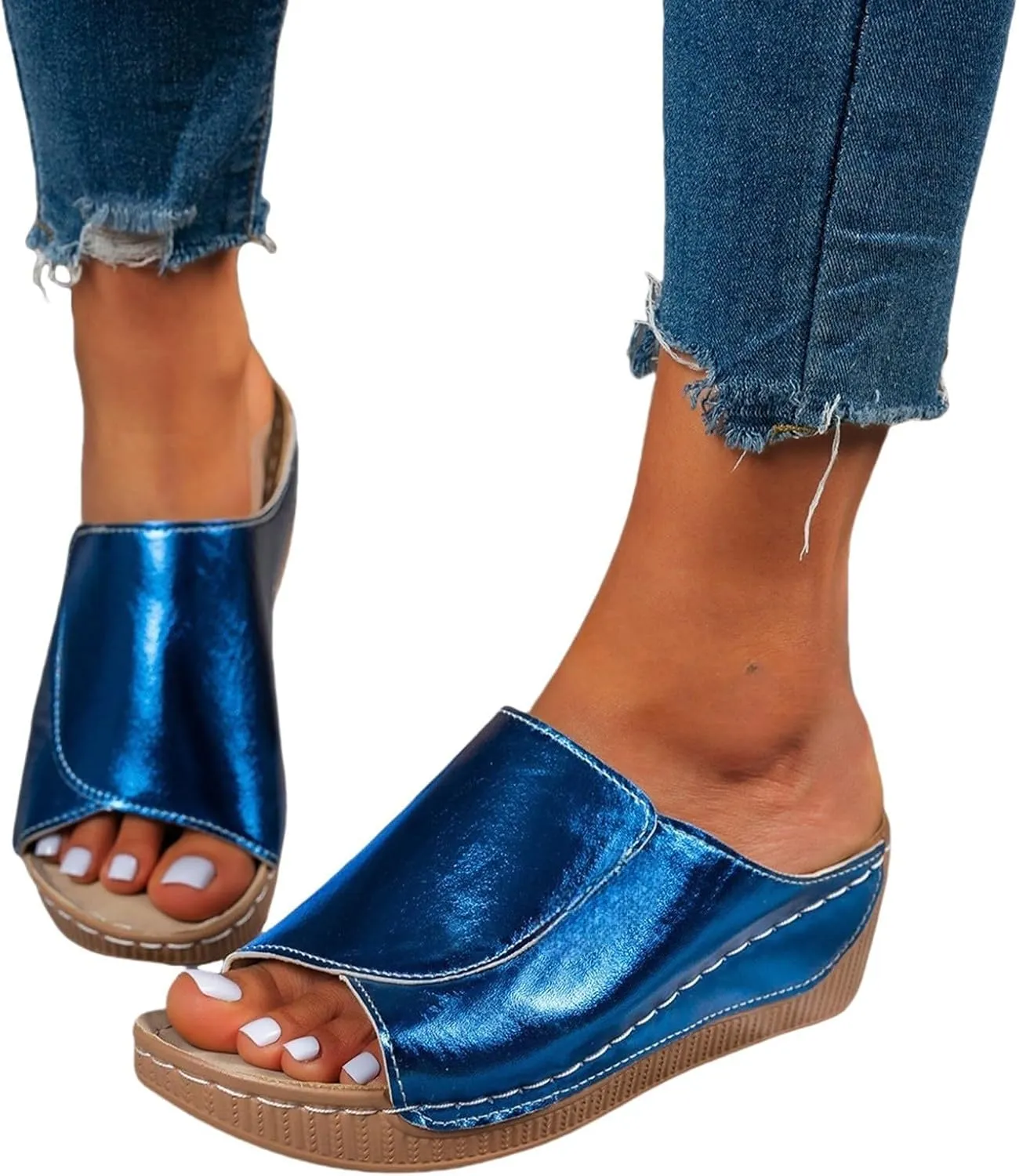 Women's Platform Wedge Sandals Slip On Peep Toe High Heel Sandal Comfortable Orthopedic Damping Sole Sandals Womens Dressy Summer Lightweight Flip Flops Casual Arch Support Walking Wedges Slippers